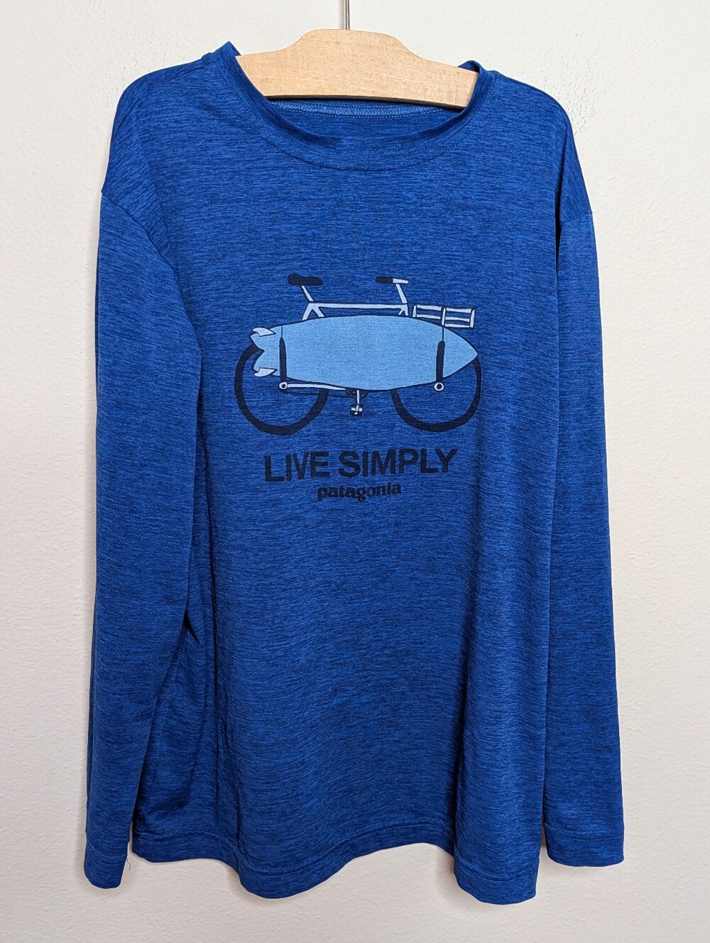 Patagonia Kids Long Sleeve Live Simply Bike Surfboard Graphic Tee Blue Boys M 10